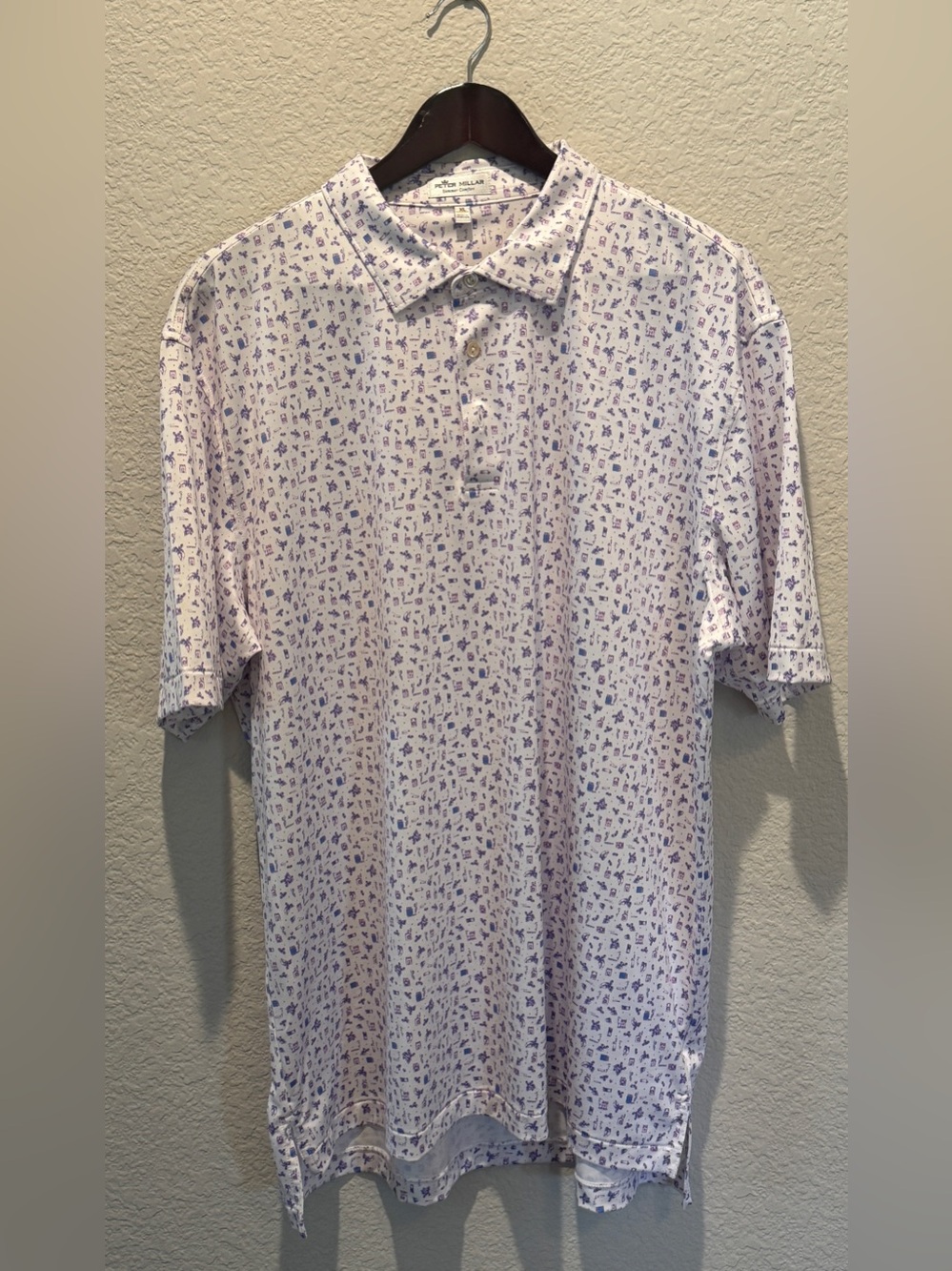 Peter Millar White Polo with Lavender Micro Motif, Size XL